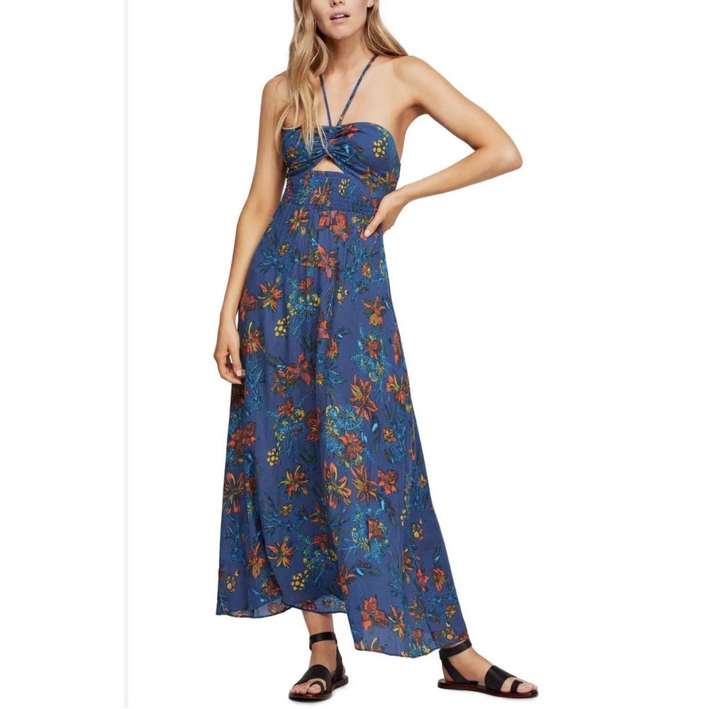 Free People One Step Ahead Maxi Dress Blue Sz XS Boho Romantic Floral Ethereal